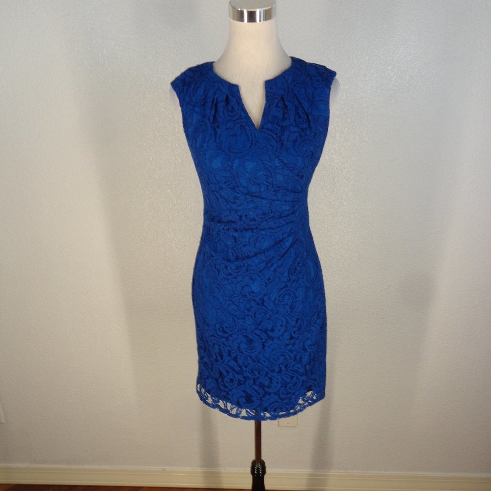 Adrianna Papell Evening Lace Knee Length Semi Formal Cocktail Dress Blue Size 2P